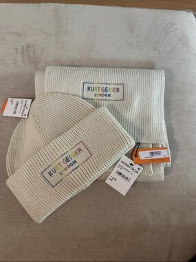Kurt Geiger Cream Beanie and Scarf Set with Multicolor Logo